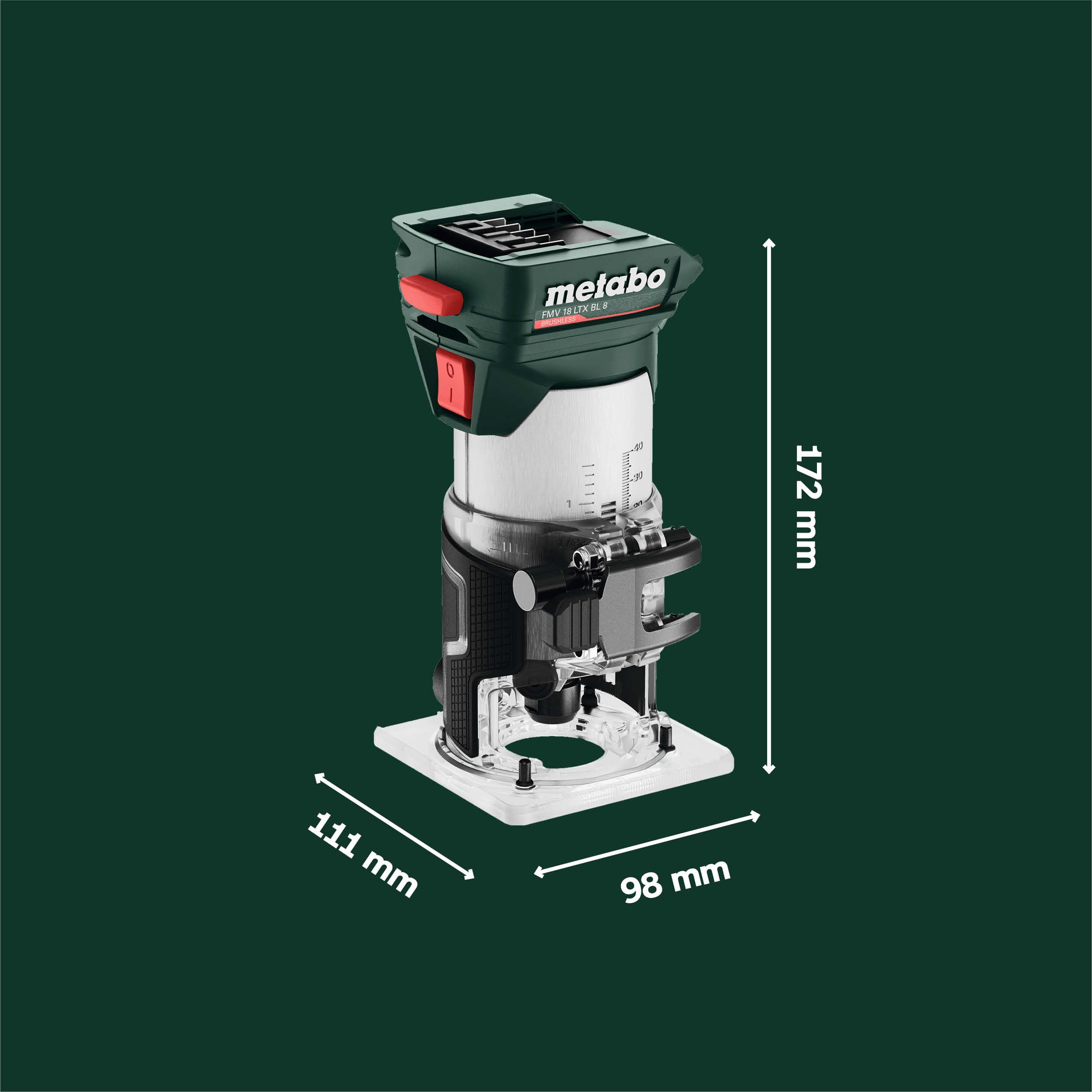 metabo FMV 18 LTX BL 8 Akku-Kantenfräse, Brushless-Motor, 6/8 mm Zangen | Variable Drehzahl 4800-29000 U/min, stufenlose Tiefeneinstellung, im Koffer metaBOX 145 L, ohne Akku und Ladegerät