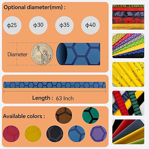 Miniatura 4 de Mango de patrón hexagonal termorretráctil para caña de pescar, paleta de tenis de mesa, elegante, varios colores (1.181 in de diámetro x 5.2 ft de