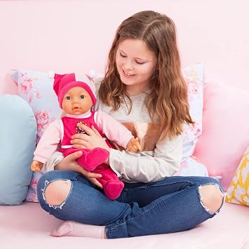 Bayer Hello Baby 46cm Interactive Soft-Bodied Doll with Realistic Sounds | 18 in Life-Like Baby with Sleeping Eyes and Feeding Movements; Includes Pacifier, Bottle, and Matching Pink Romper Set
