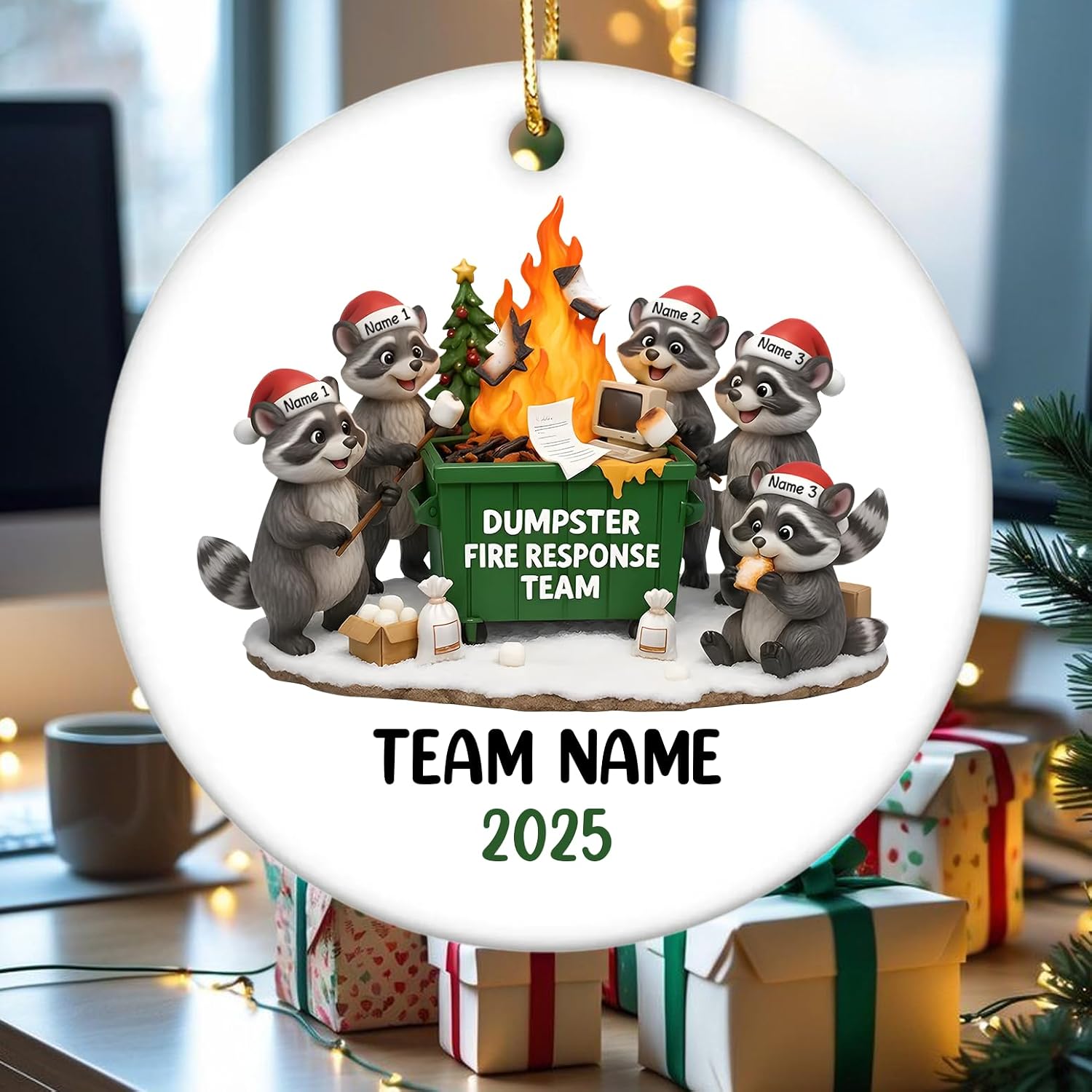 NAZENTI Funny Raccoon Dumpster on Fire Response Team Ornament, Personalized Dumpster on Fire Ornament, Coworker Christmas Ceramic Ornaments, Custom Gift for Coworkers
