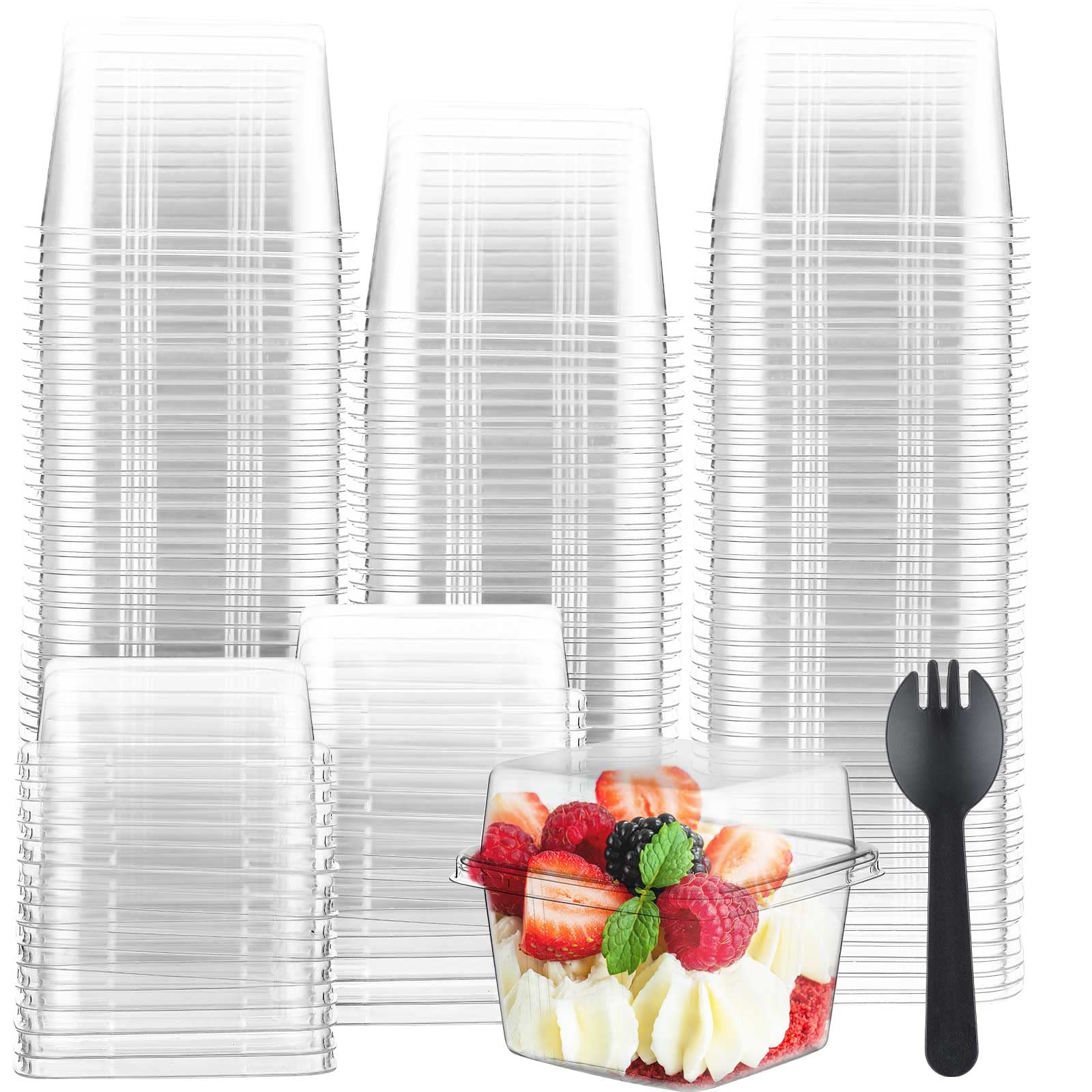 Tanlade 100 Pack 8oz Clear Dessert Cups with Lids and Sporks Square Plastic Cups Disposable Parfait for Banana Pudding Appetizer Mousse Fruit Cupcakes Yogurt Oatmeal Serving