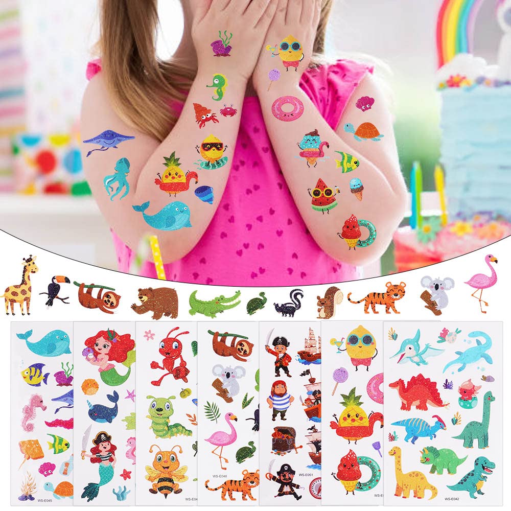 ACWOO Tatuaggi Temporanei per Bambini, Brillante Tatuaggi Finti per Ragazze Ragazzi, 10 Fogli Unicorno + Animale + Dinosauro Tatuaggi Temporanei Set, Giocattoli Gadget per Ragazza Bambini Adulti Festa