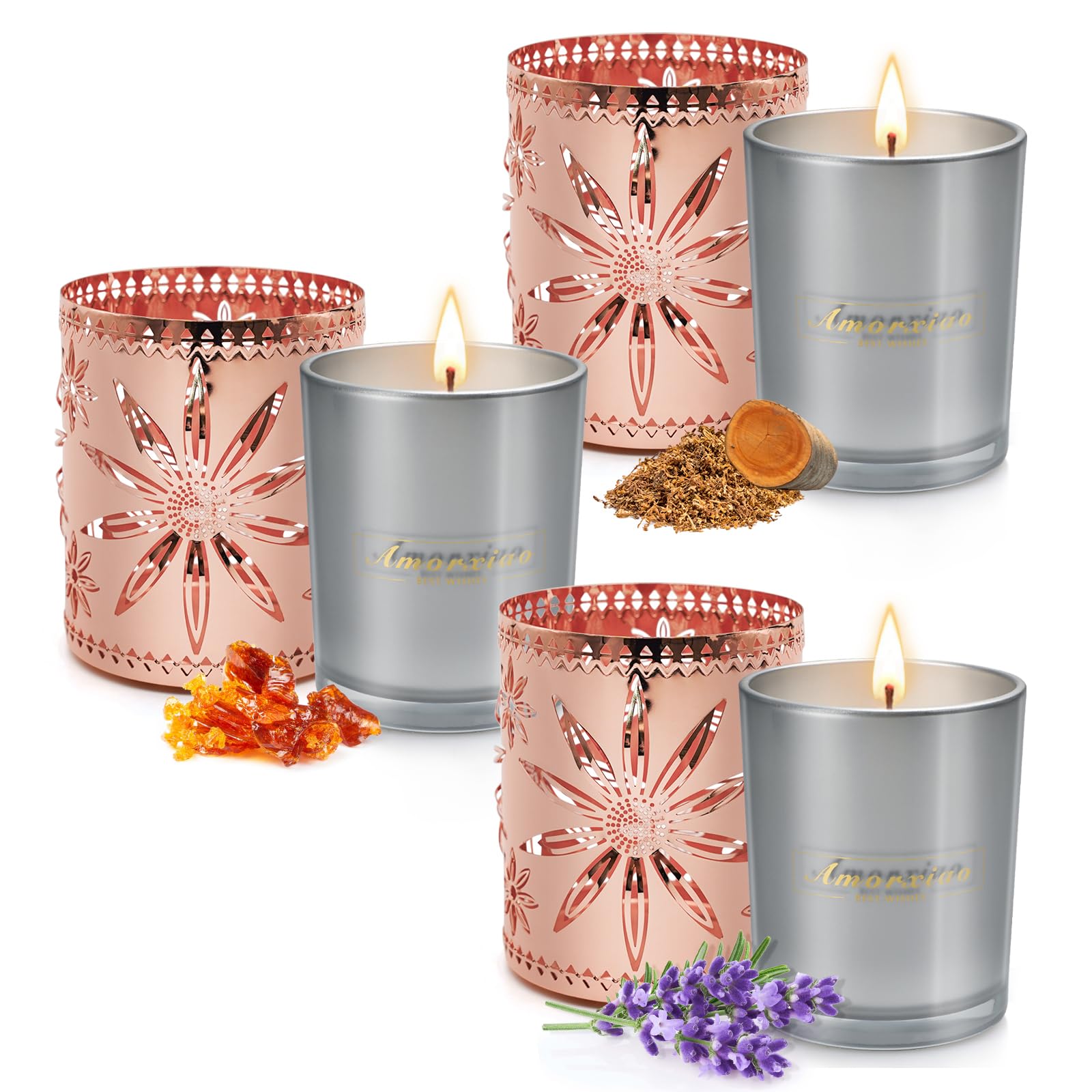Vela Perfumada Regalo para Mujer, 3 Velas Perfumadas Grandes con 3 Portavelas de Metal, Vela de Cera de Soja Natural de Larga Duración de 200 Horas Regalo para Mujer, Aniversario