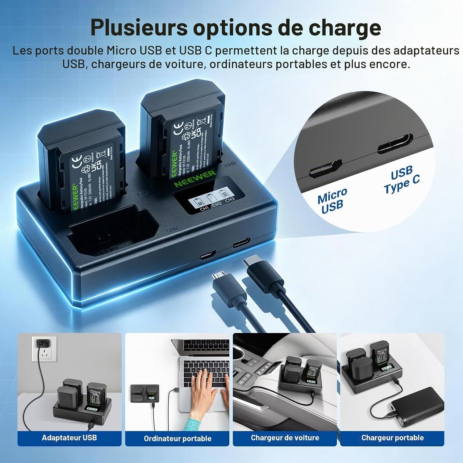 NEEWER Kit de NP-FZ100 Batterie Rechange et Chargeur Compatible avec Sony
