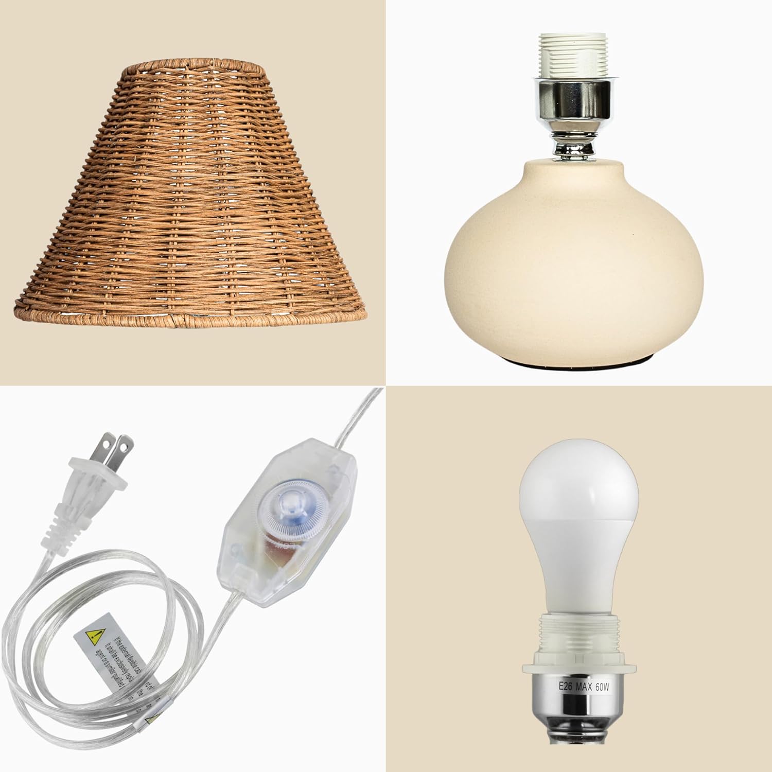 11" Small Table Lamp – Handmade Ceramic Cream Base with Wicker Rattan Shade, Dimmable Plug-in Nightstand Light for Bedroom, Kitchen Counter, or Small Spaces – Boho Japandi Organic Decor