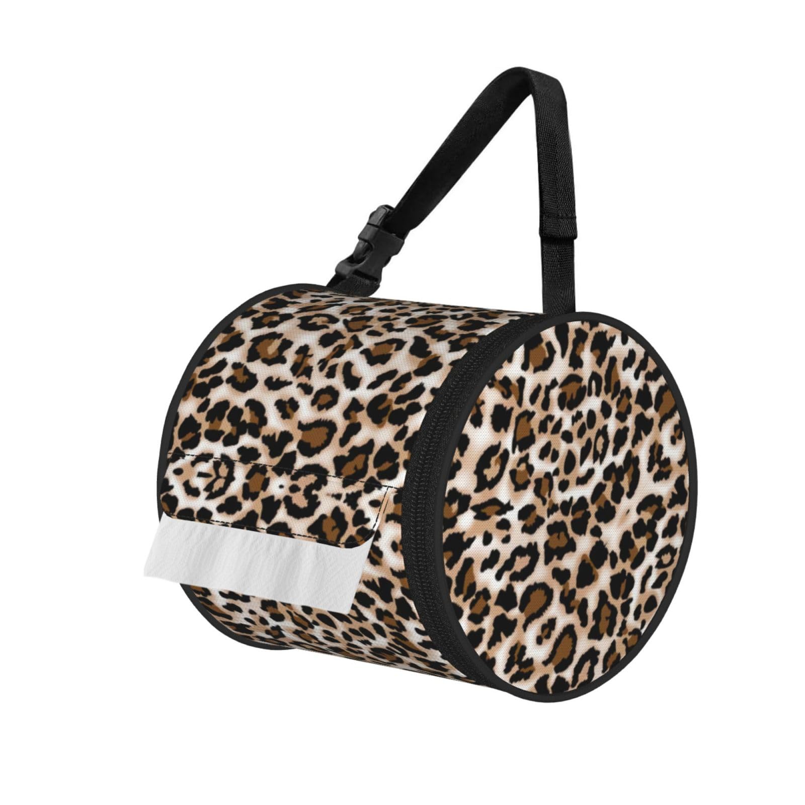 Leopard Print 1 Print Round Tissue Dispenser Bag With Carry Strap, Portable Roll Holder For Car Travel Home