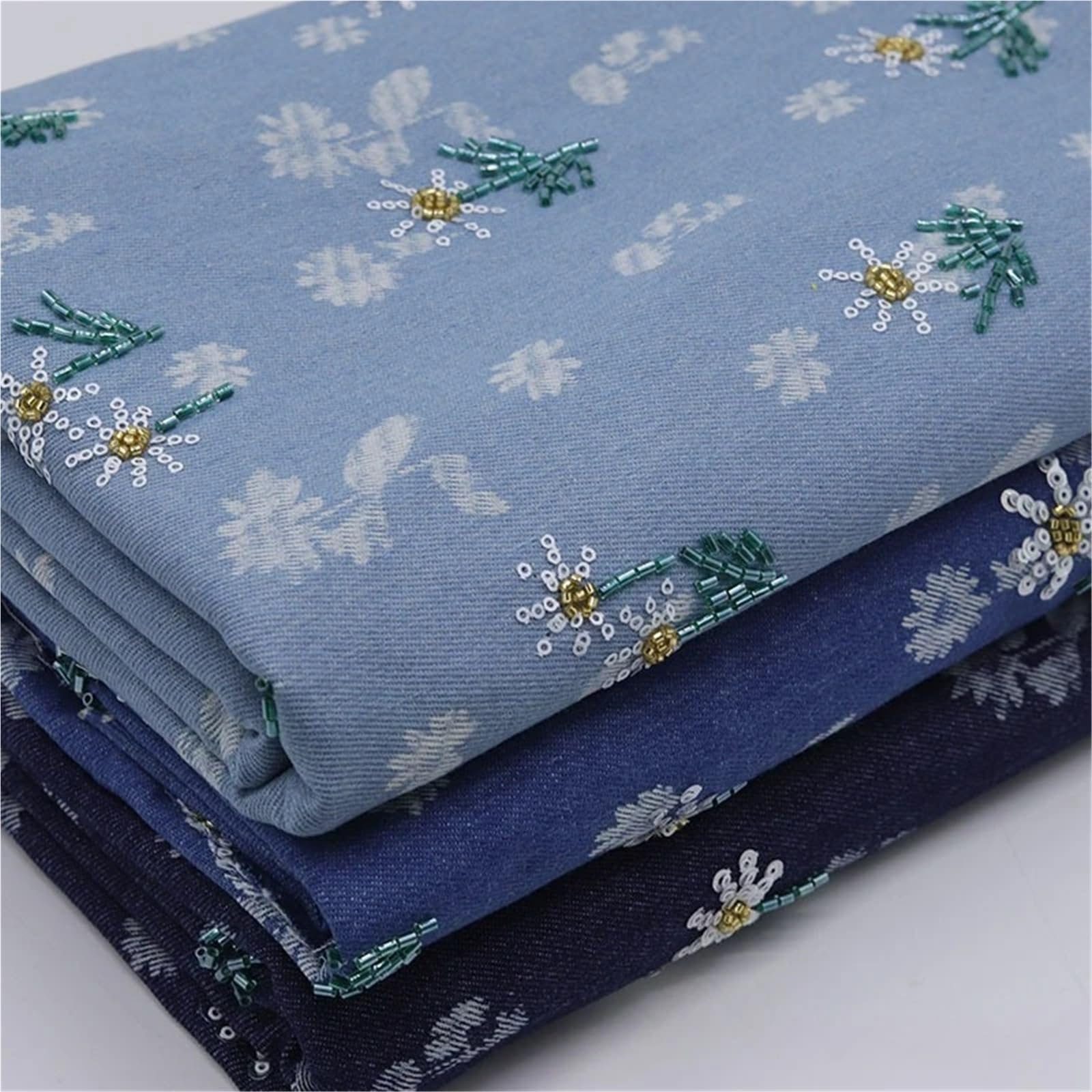 Tela Vaquera De AlgodóN Tela vaquera bordada con cuentas florales for coser chaquetas abrigos bolsos ropa Tela De Costura(Light Blue,90cmX150cm (1yard))