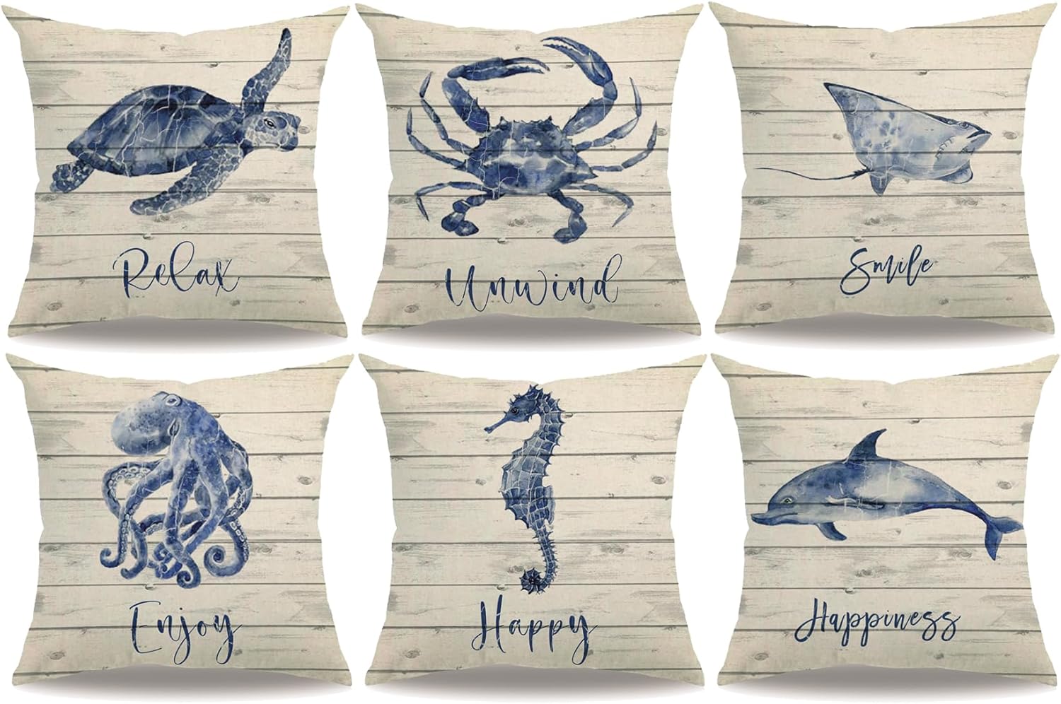 6Pack Sea Animals Decorative Pillowcases Double-sided Printed Wood Grain Sea turtle/Octopus/Seahorse/Whale /Crab Cushion Cover Summer Ocean Coastal Farmhouse Home Pillowcases 18”×18” (18”×18”)