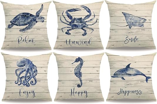 6Pack Sea Animals Decorative Pillowcases Double-sided Printed Wood Grain Sea turtle/Octopus/Seahorse/Whale /Crab Cushion Cover Summer Ocean Coastal Farmhouse Home Pillowcases 1818 1818