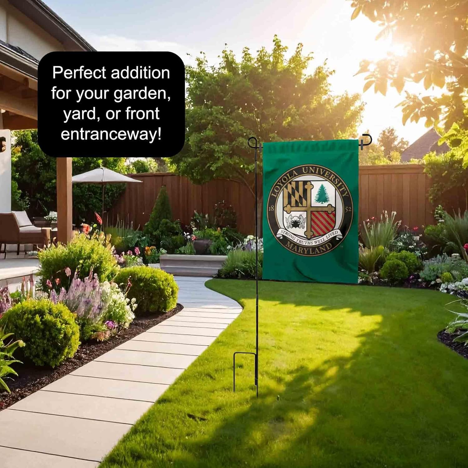 College Flags & Banners Co. Loyola University Maryland Academic Logo Garden Flag and Flag Stand Pole Holder Set