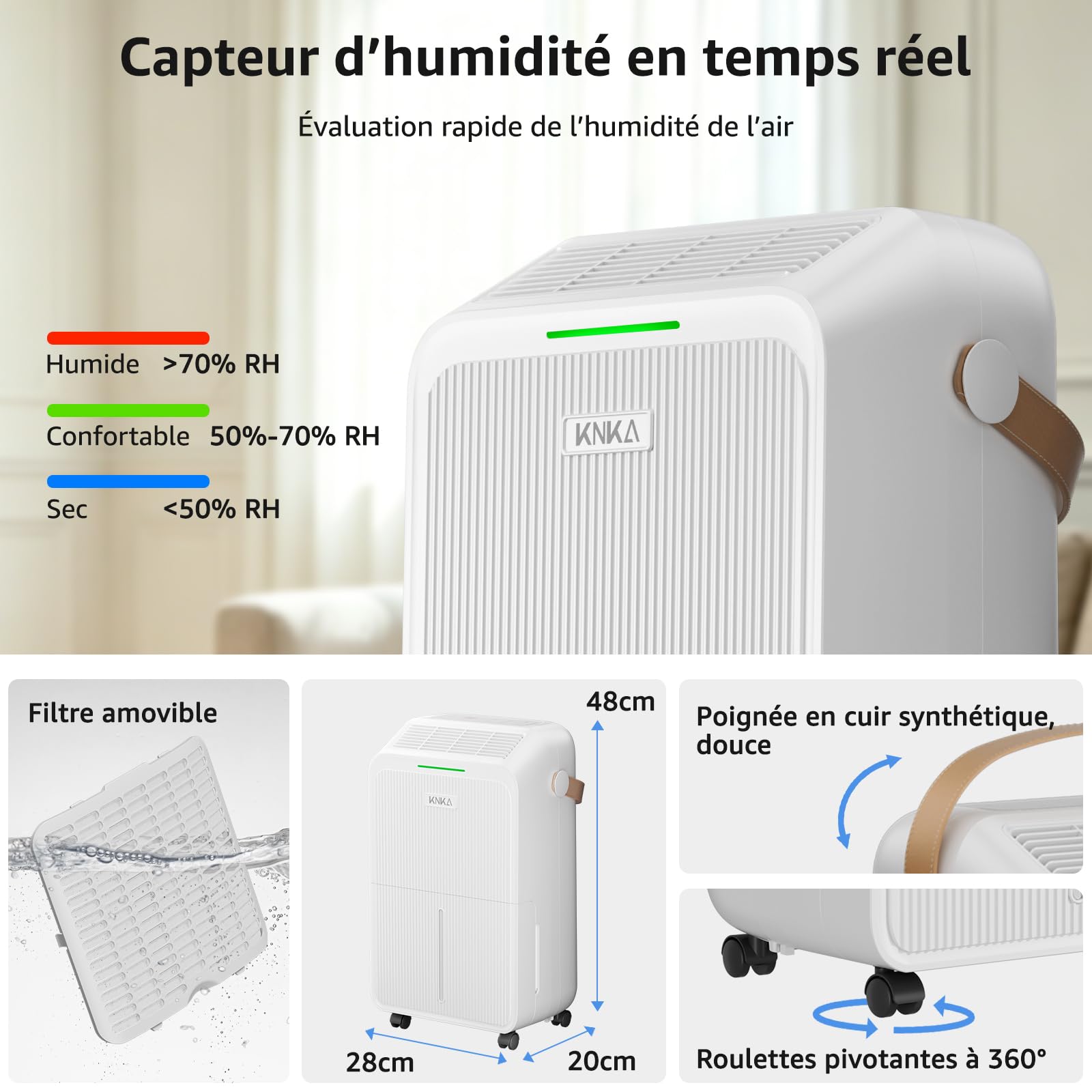 Deshumidificateur d Air, 16L/J, Déshumidificateur Electrique, 80m³ (32㎡), Silencieux, 4 Modes, Consommation Réduite de 40%, Protection Anti-Débordement, Pour Appartement, Cave, Salon
