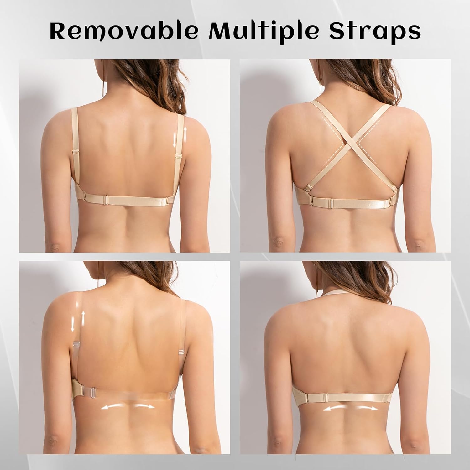 Women's Deep V Plunge Padded Push Up Bras with Clear Straps Backless Convertible Low Cut Underwire Bra Nude 42B - Image 4