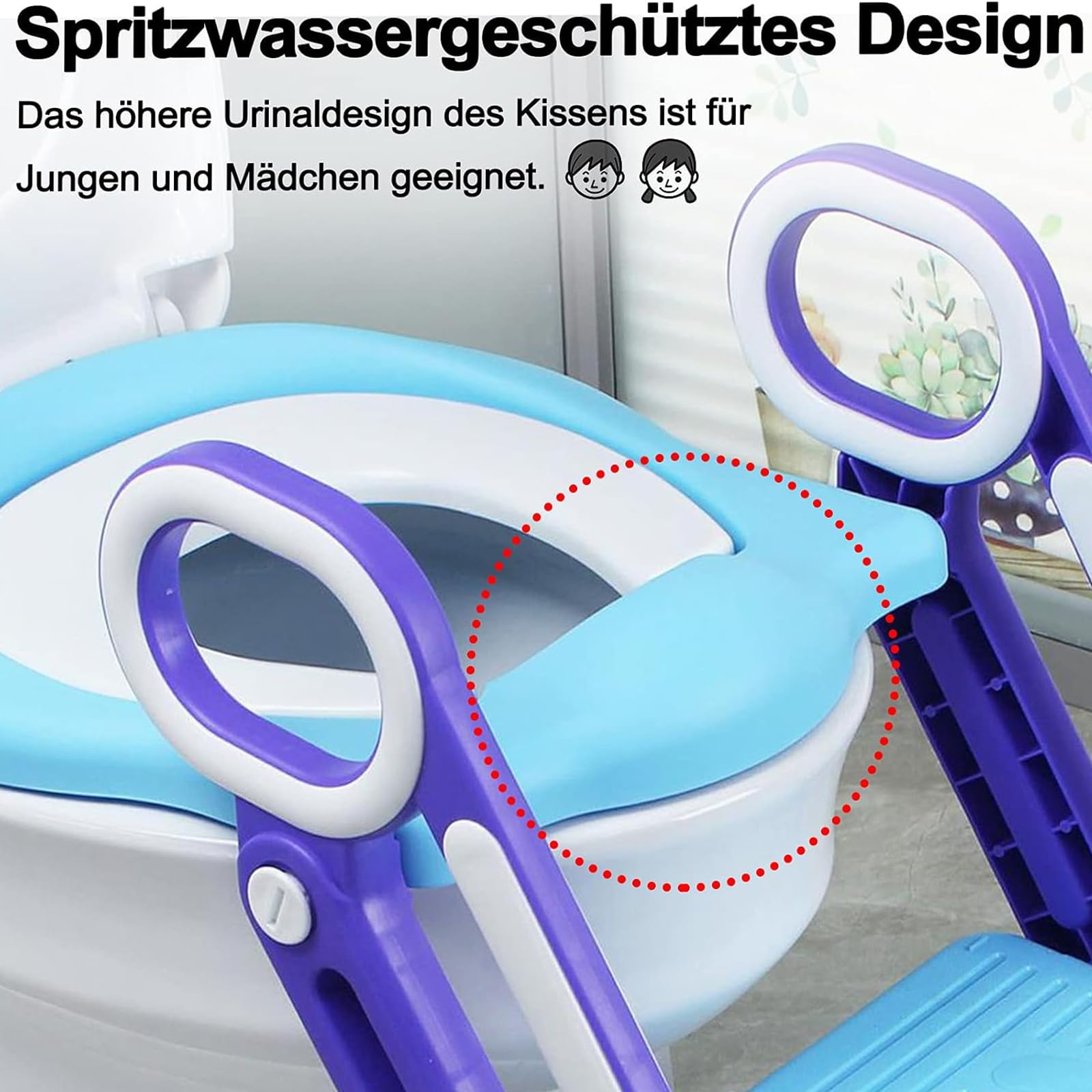 Aufun Sedile WC per bambini con scala regolabile, sedile per WC pieghevole con cuscino in poliuretano, adatto per WC da 38 a 42 cm, per bambini da 1 a 7 anni, colore: blu/lilla