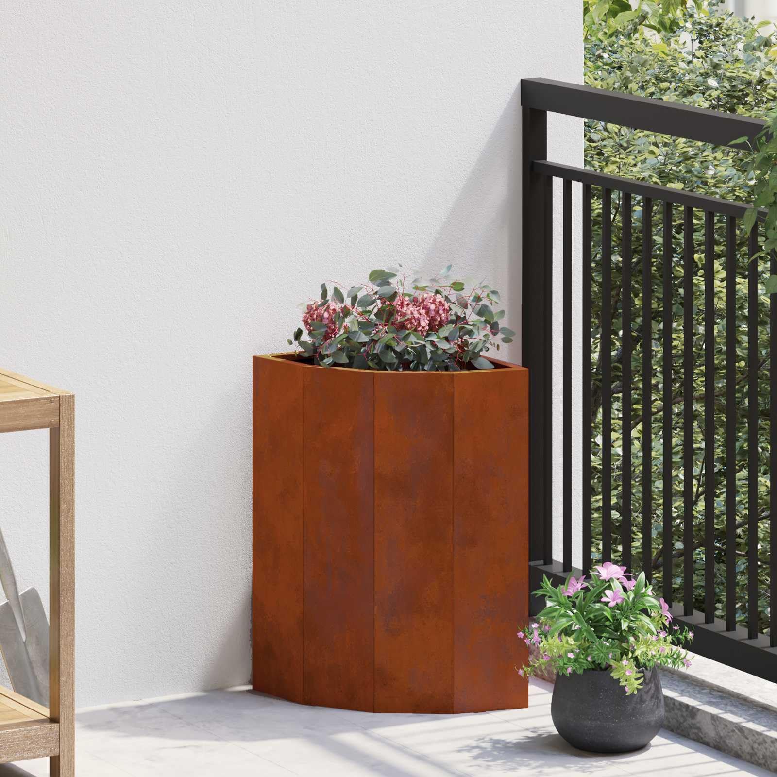 Eckpflanzer Rostig aus wetterfestem Stahl 30 x 30 x 50 cm für Garten Balkon Terrasse, blumentopf pflanzgefäß kübel Kasten Schale hochbeet balkonkasten mit abflussloch und bewässerung