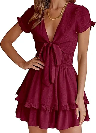 PRETTYGARDEN Women Summer Mini Short Dress 2025 Short Sleeve Casual Beach Vacation Sundress V Neck Tiered Sun Dresses