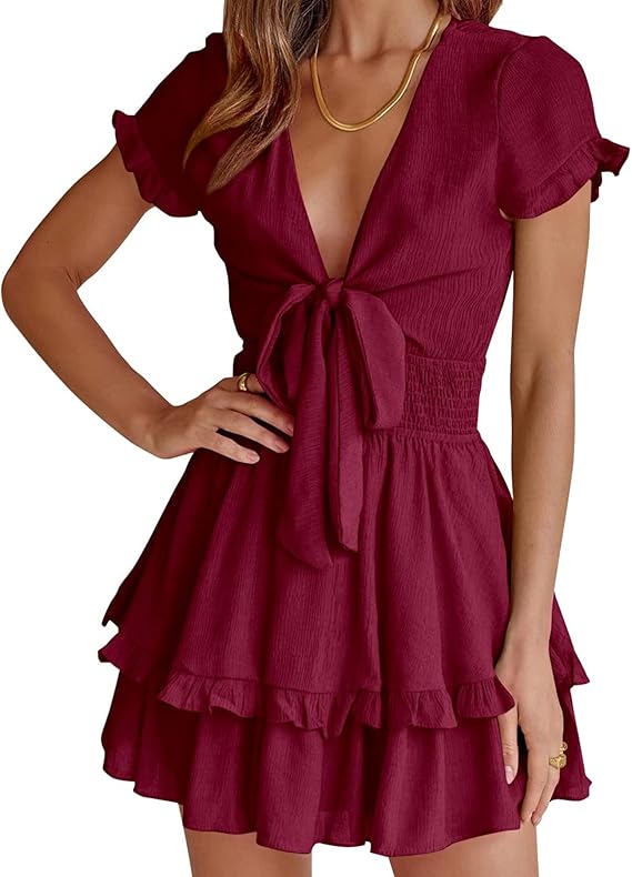 PRETTYGARDEN Women Summer Mini Short Dress 2025 Short Sleeve Casual Beach Vacation Sundress V Neck Tiered Sun Dresses