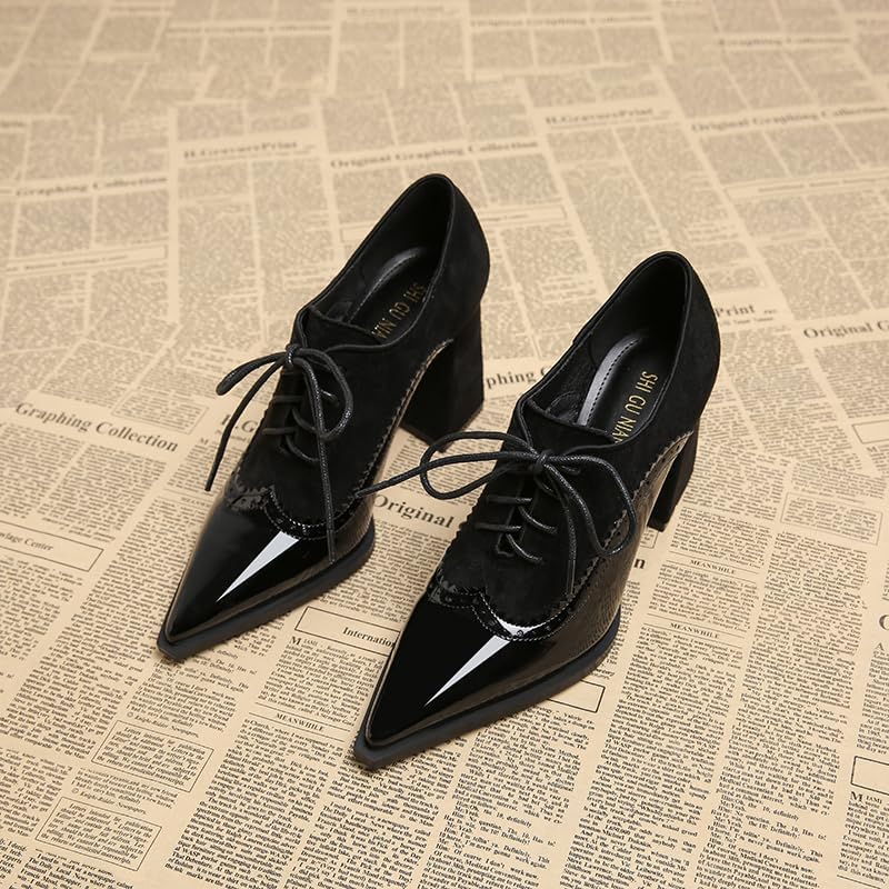Women's Chunky Heel Pumps Pumps Pointed Toe Brogue Lace Up High Heels Spring New Shoes British Style Comfortable Dress Shoes for Work,Party & Dating (Black,Burgundy) 8cm - Image 3