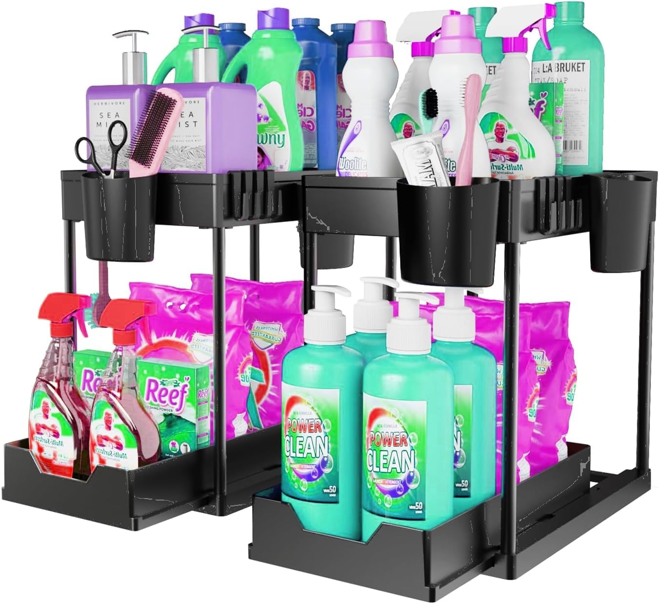 DILEASIR 2 Pack Under Sink Organizers and Storage Bathroom, 2 Tier Under Sliding Kicthen Cabinet Basket Organizer with Hooks, Hanging Cup, Dividers, Handles, Multi-purpose Under Sink Shelf Organizer