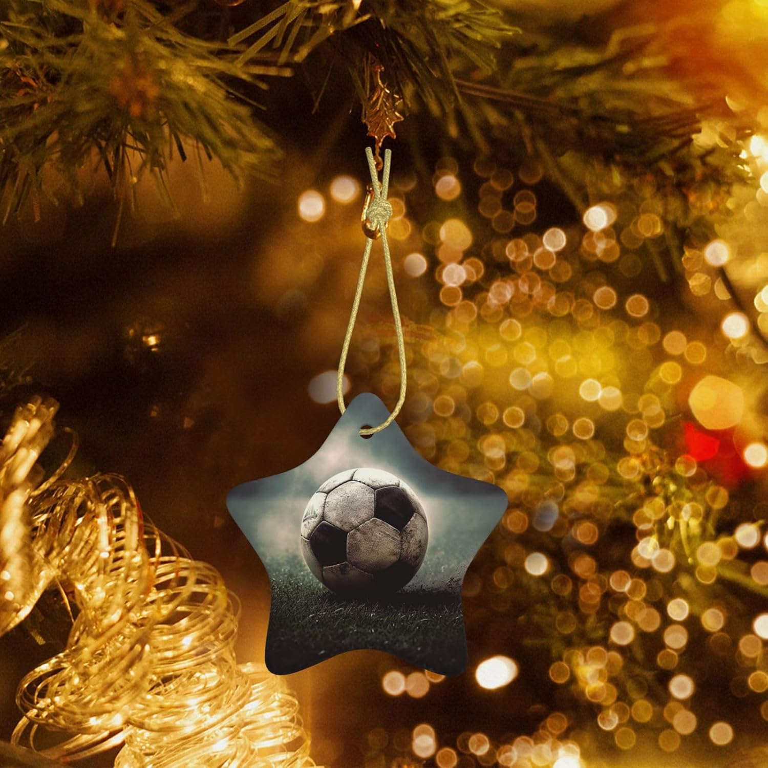 Sport Soccer Christmas Ornament with Gold Ribbon Christmas Tree Ceramic Ornament Xmas Star Shape Hanging Ornaments Pendants Round Xmas Crafts for Holiday Party Decoration Gift