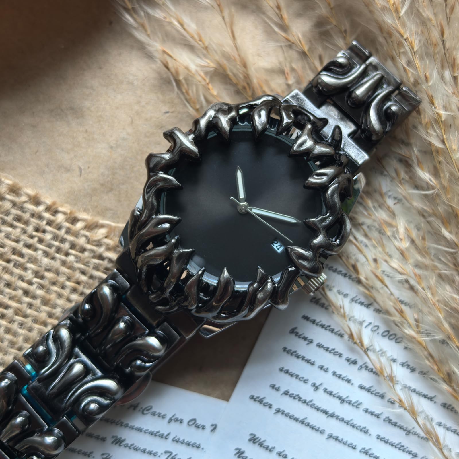 JewelryWe Orologio punk Y2K nero: orologio da polso analogico da uomo al quarzo in lega con lancette luminose, datario, cinturino rimovibile, quadrante scuro, senza segni, stile casual, gotico