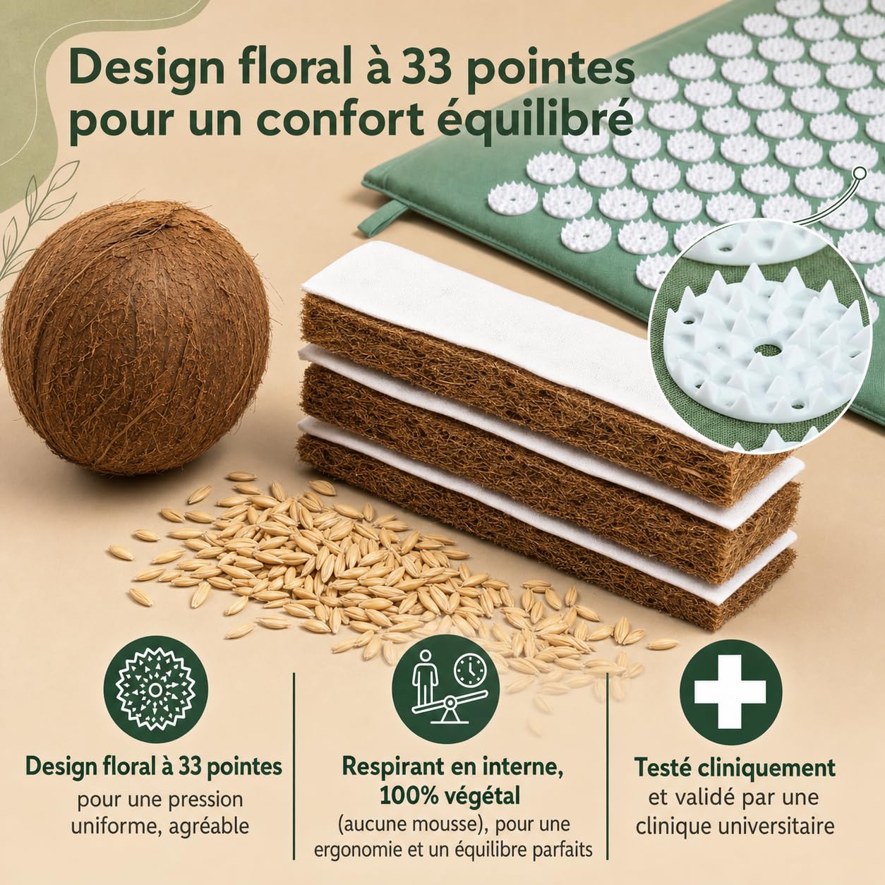 Tapis pour acupression Mysa: L'authentique suédois en fibres naturelle Eco - N.1 au Monde | fleurs à 33 pointes | avec Audio et Tutoria