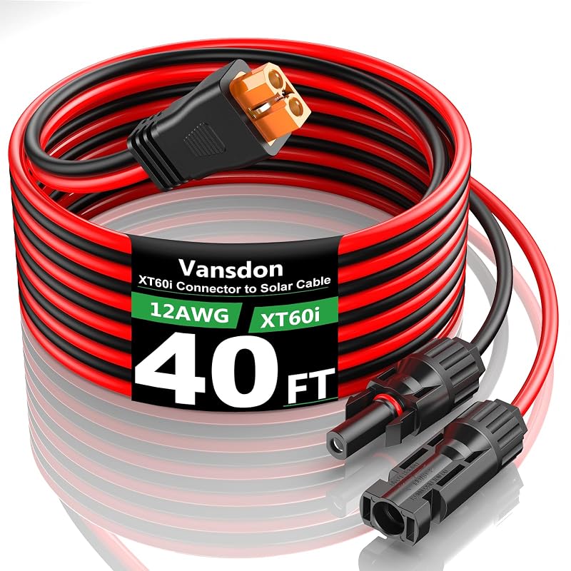 Cabo de extensão solar para XT60i Vansdon 12 AWG, 12,2 m, conector solar para estação de energia portátil, gerador solar e bateria, vermelho/preto