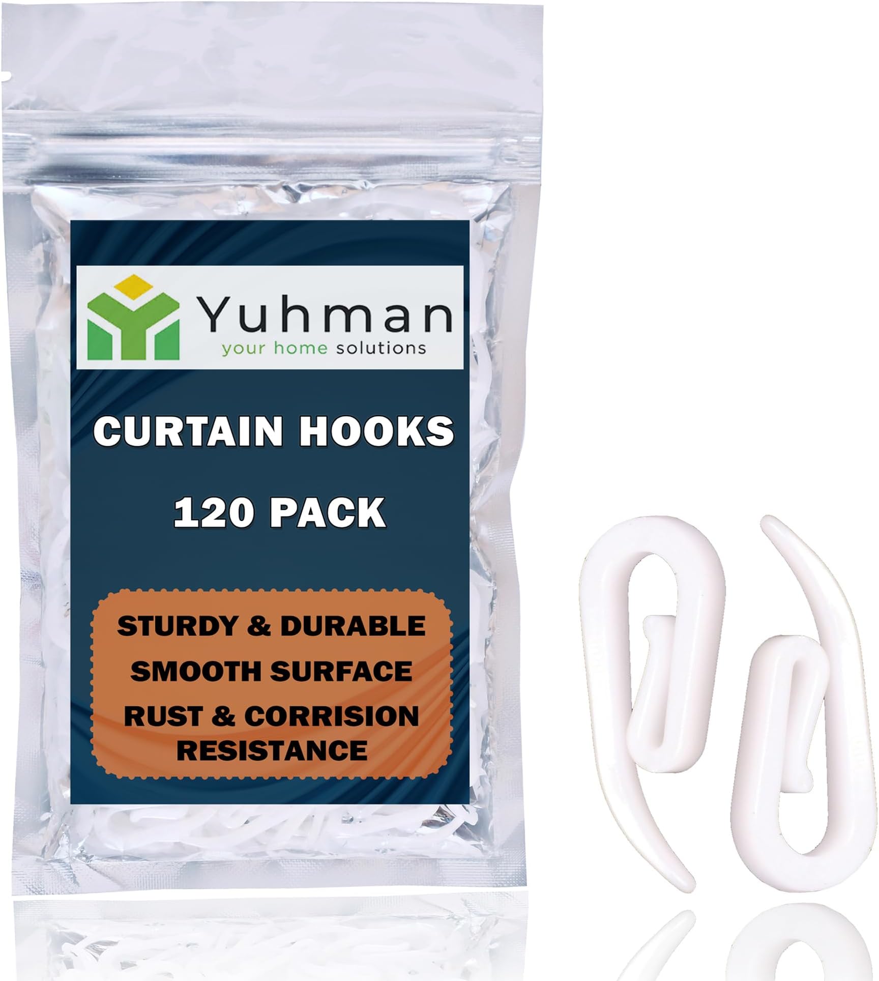 Yuhman 120 Pack Curtain Hooks Plastic White – 2.8cm x 1.2cm Premium & Heavy Duty Drapery Hooks - Ideal for Windows, Doors & Shower Curtains - Fits All Types of Curtains