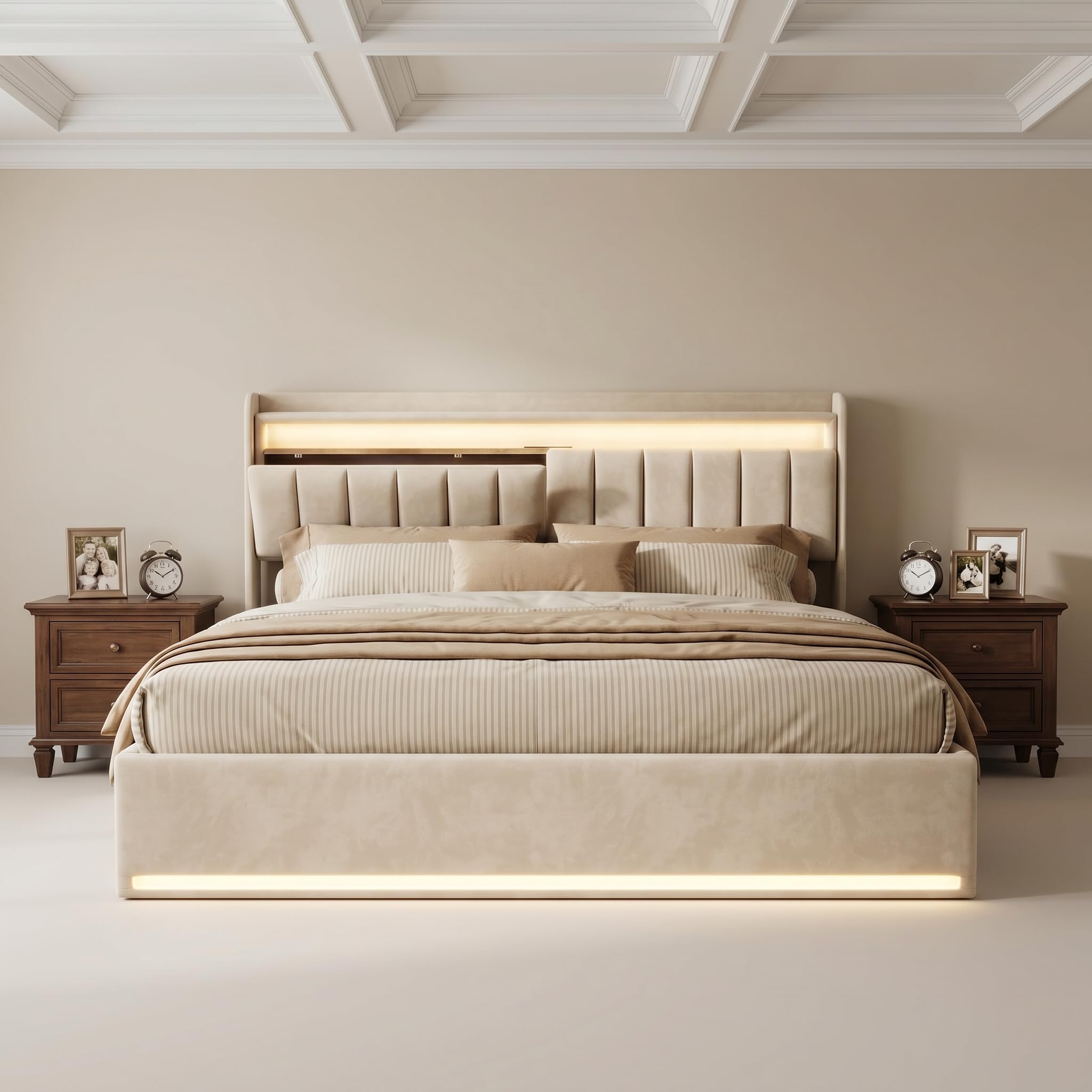 Letto matrimoniale 160 x 200 con luci a LED, letto imbottito con stoccaggio e caricatore letto con USB e luce LED telaio per letto idraulico con testiera in velluto (B velluto beige, 160 x 200 cm)