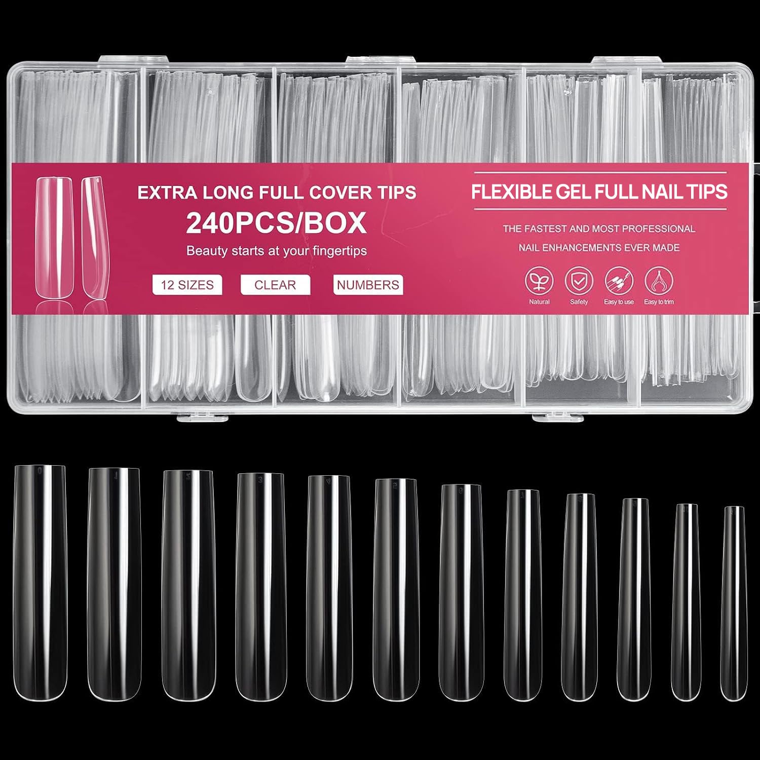 AORAEM 240PCS Extra Long Tapered Square Flexible Gel Nail Tips, Full Cover 5#-Natural-240