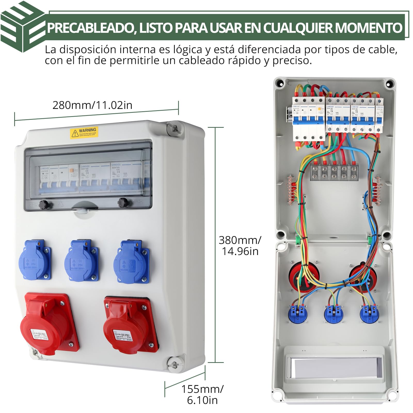 EYPINS Distribuidor de Corriente para Construcción con LS+FI, Distribuidor de Pared 3x 230V Enchufes Schuko 16A+Enchufes CEE 16A+32A, IP66, ABS Ignífugo para Interiores, Exteriores, Talleres y Fábrica