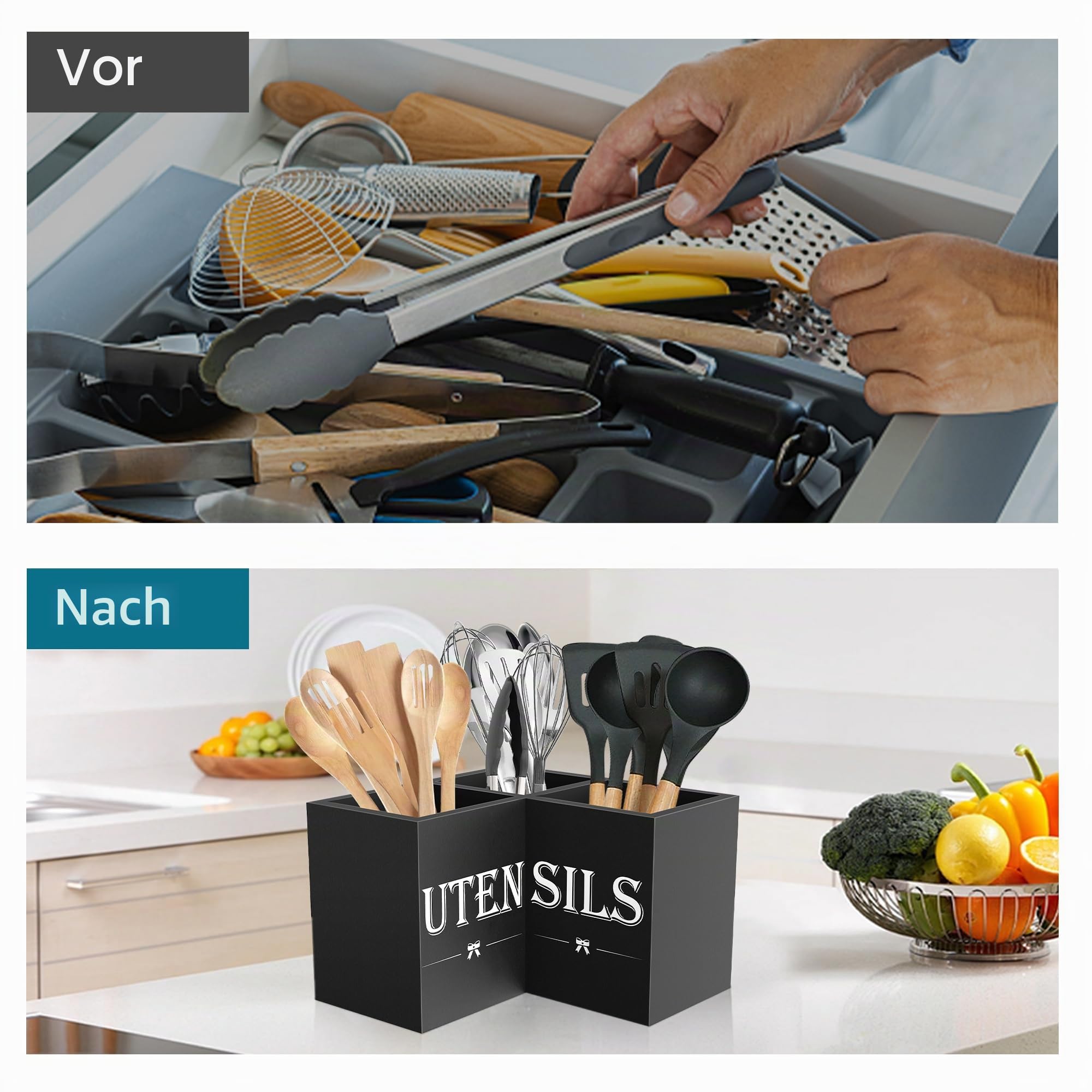Suli Extra-Großer Küchenutensilienhalter mit 3 Fächern, Eckutensilienhalter für die Arbeitsplatte, Holzutensilienorganisator für die Küchenarbeitsplatte, Bauernhaus-Dekoration – Schwarz