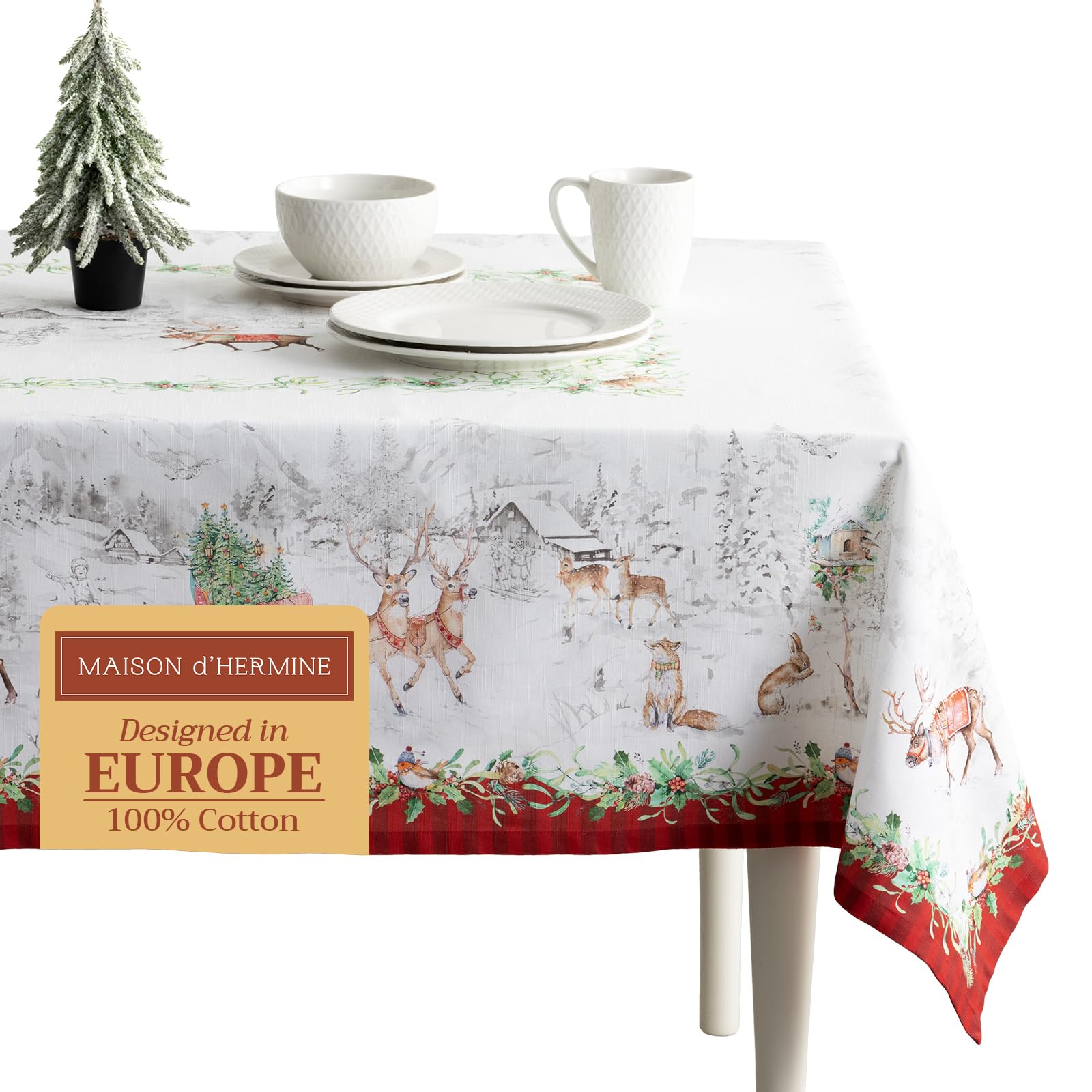 Maison D' Hermine 065 - Christmas Tradition Table Cloth Rectangle Table 100% Cotton 230 Cm X 140 Cm Tablecloth Reusable Everyday Use For Christmas Decorations Dining Farmhouse Home Party Festive (Christmas Tradition)