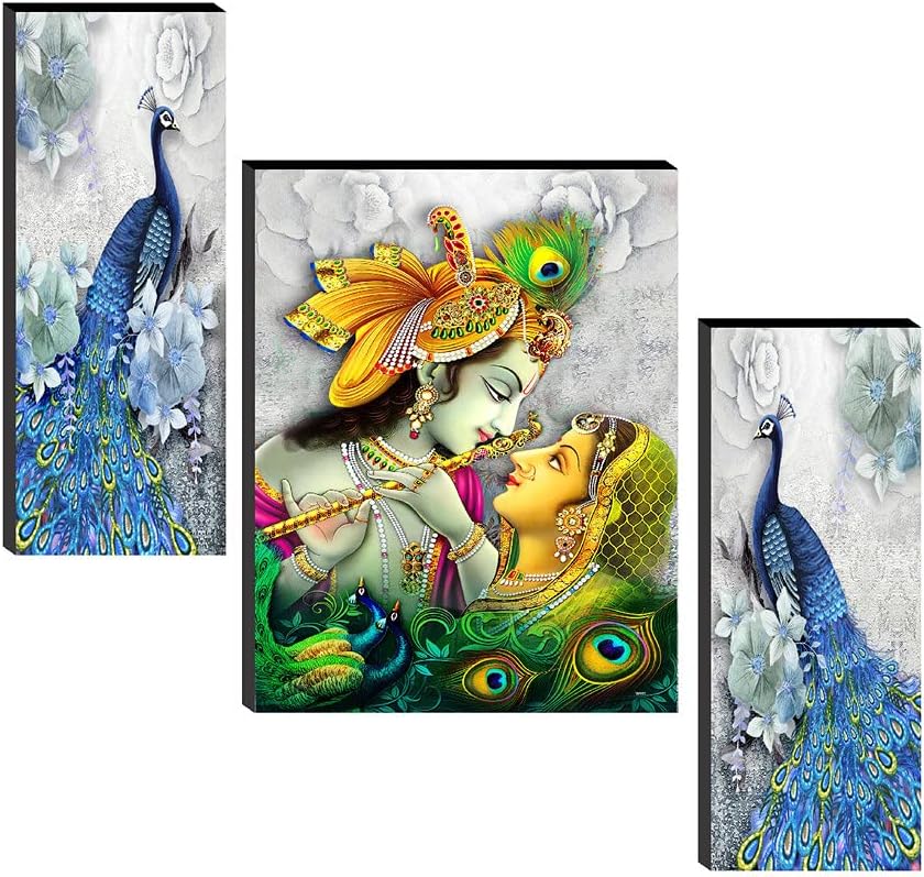 paintings Religious 'Radha Krishna with Couple Peacock ' Abstract Wall Painting Frame - JM31084 (Multicolour, 12 inch X 18 inch, Standard) - Set of 3