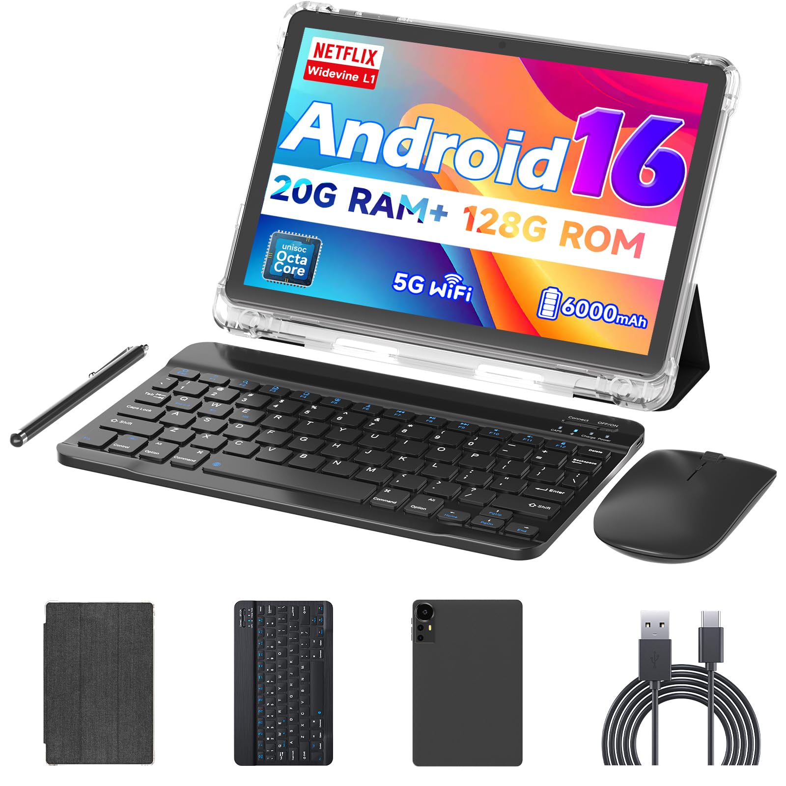 Android 15 10 Inch Tablets, 20GB RAM 128GB ROM 2TB Expandable, 2.0GHz Quad-core Processor, 2 in 1 Tablet with Stylus Mouse Keyboard Case, 5G WiFi6, BT 5.0, 6000mAh, Widevine L1-image-44