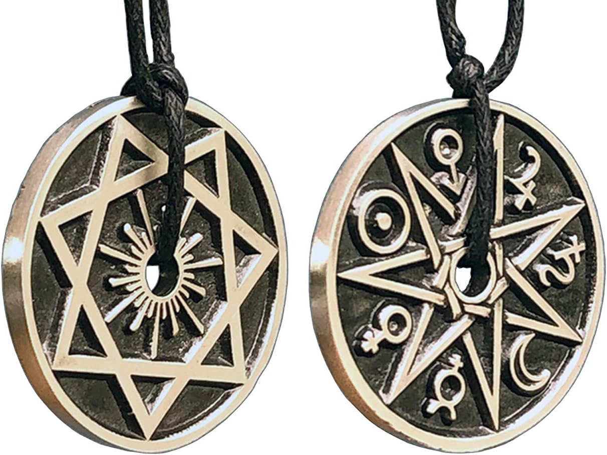 Magic Pagan Jewelry 2 sided Septagram 7 Pointed Fairy Star Heptagram Silver Pewter Unisex Pendant Necklace Money Luck Lucky Charm Protection Amulet Wicca Safe travel Talisman w Black Adjustable Cord
