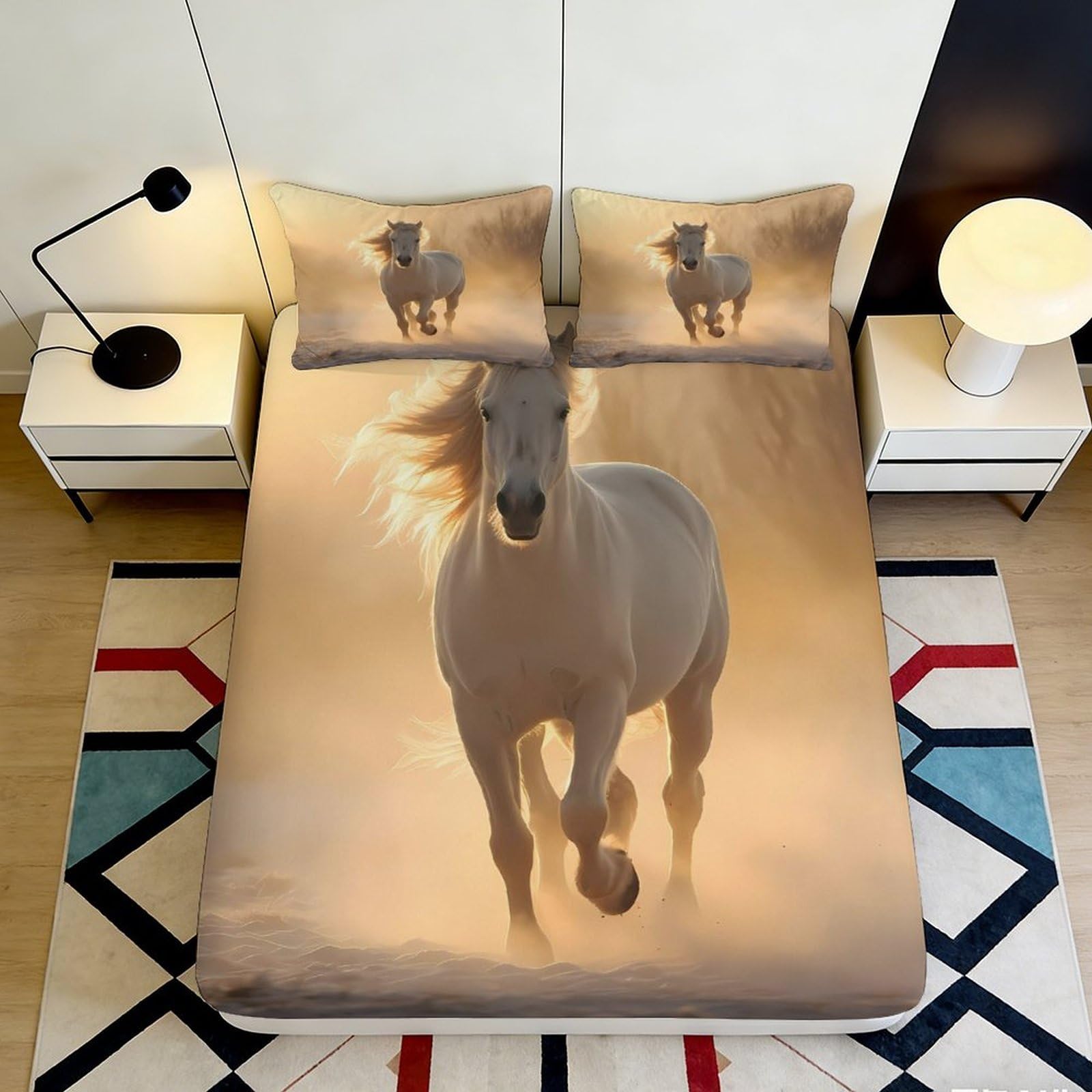 3D Printed Horse Theme Fitted Sheet Microfiber Deep Pocket Bedroom Bedding Adult Horse Mattress Fitted Cover Non-Slip 140x200x25cm