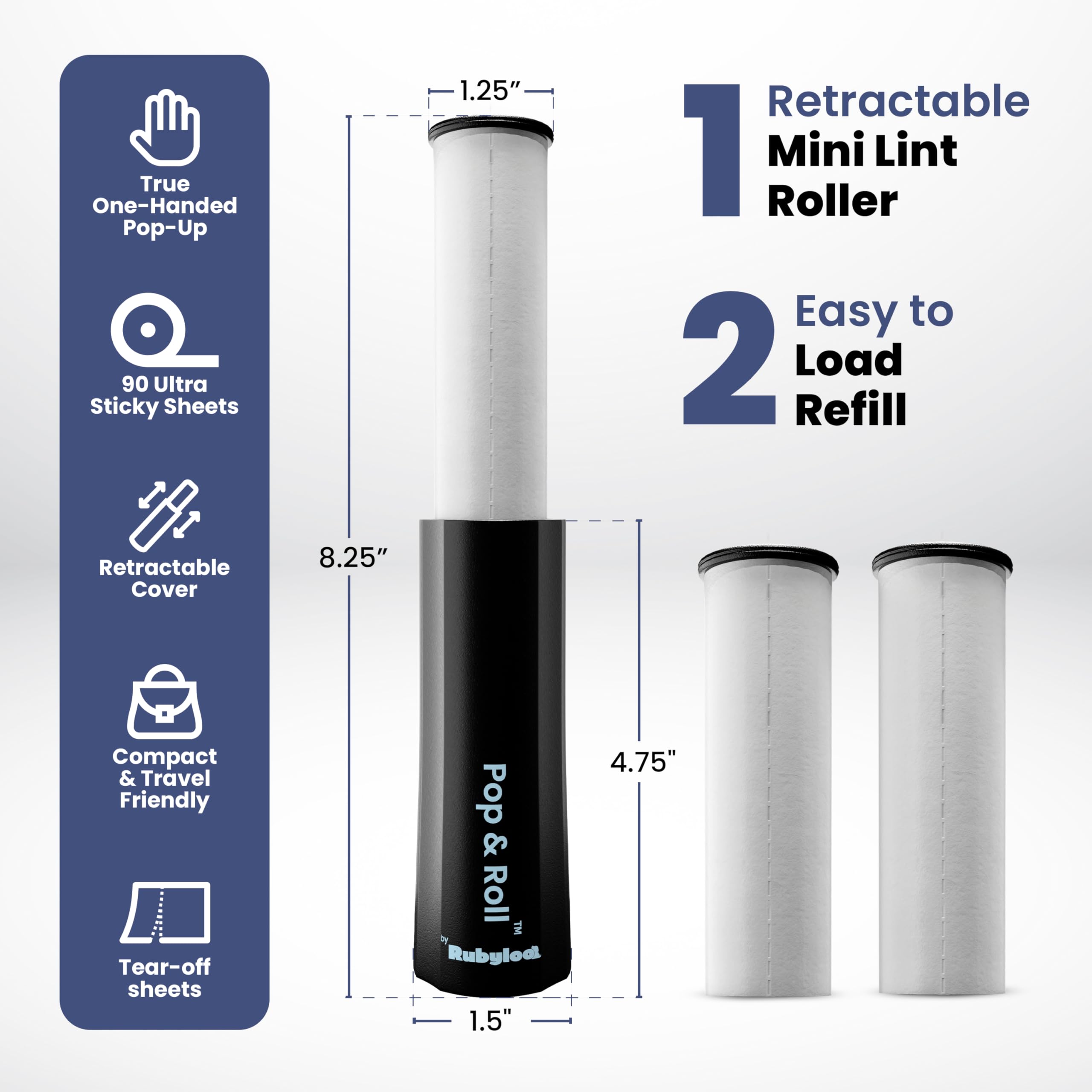 Einziehbare Mini-Fusselrolle für Tierhaare, extra klebrig (1 Packung + 2 Nachfüllrollen) – Reisegröße Tierhaarroller mit Abdeckung – Katzen- & Hundefellentferner für Kleidung
