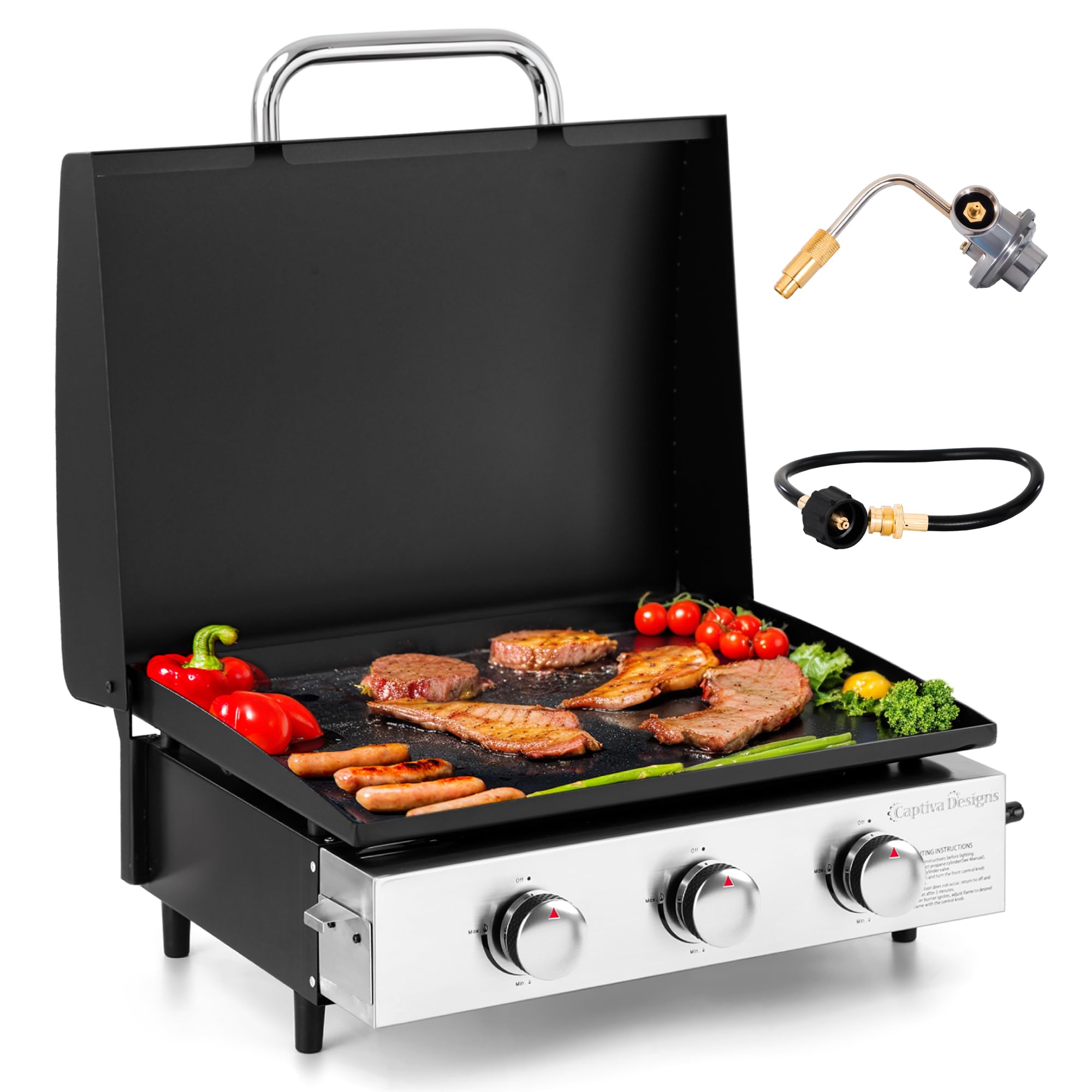 MFSTUDIO Portable Table Top Gas Griddle, 3 Burners Ceramic Flat Top Propane BBQ Grill for Outdoor Camping, Kitchen, Tailgating, 24000 BTU, 375 sq. in. Cooking Area, 22 Inch with Hood