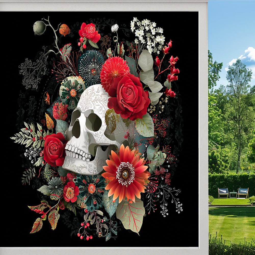 Horror Flower Skull Stained Glass Window Film, Gothic Aesthetic Bone Peel and Stick Privacy Film, Frosted Adhesive Vinyl Decorative for Bathroom Windows Glass Doors, （45x100cm）