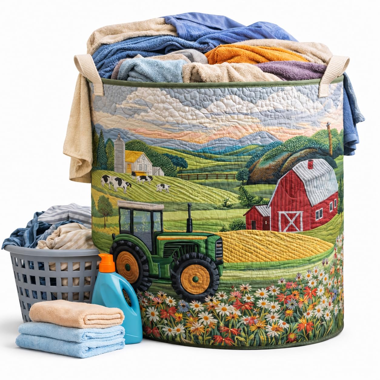 Quilted Laundry Basket with Handles,3 Sizes Foldable Quilted Storage Basket (A19,S(14in*18in))