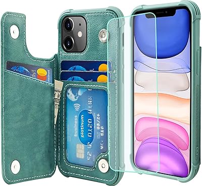 VANAVAGY iPhone 11 Wallet Case for Women and Men,Leather Flip Folio Phone Cover Fits Magnetic Car Mount with Credit Card Holder,Forest Green