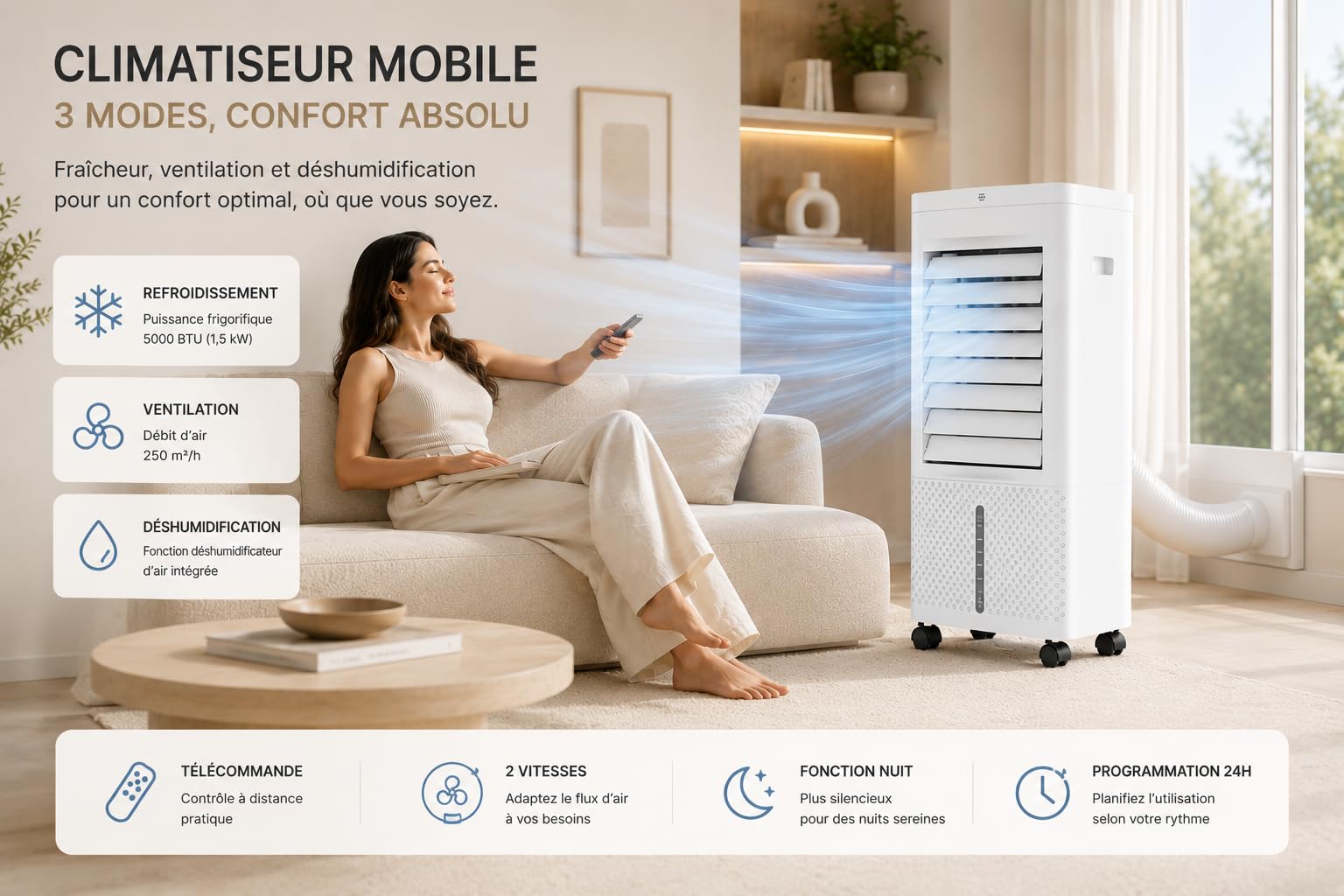 DOMAIR - Rafraîchisseur d’Air Mobile 60W, Ventilateur Refroidisseur avec Télécommande et écran, Oscillation, Modes Sommeil et Naturel, Minuterie 12h, Blanc