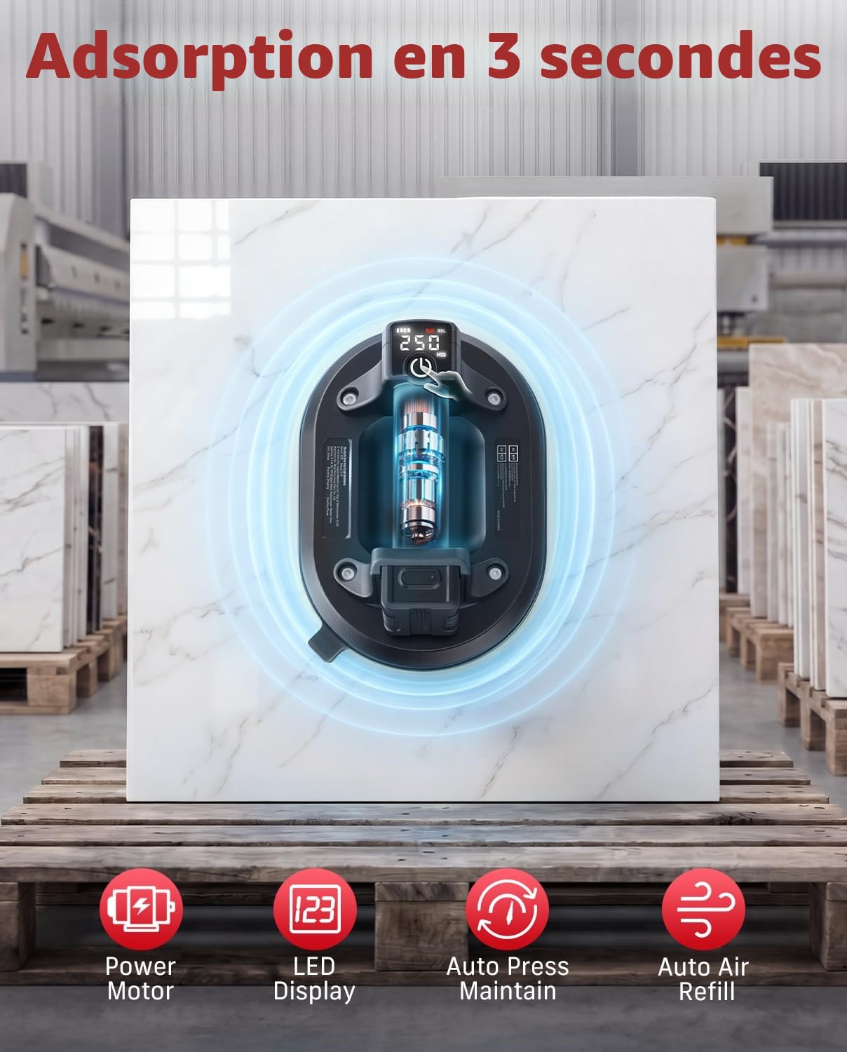 Ventouse Carrelage Electrique, 2x Ventouse Vitre Ø245 mm avec 4x Batteries 3000mAh, Charge Max 250KG, Écran LCD, Outil de Levage pour Verre, Pierre & Métal