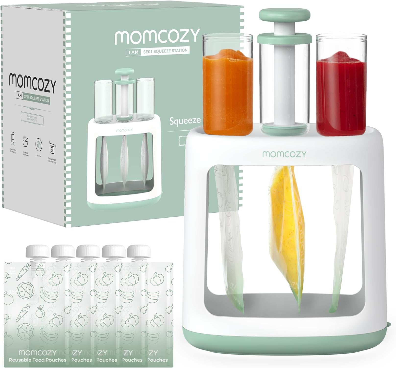 Momcozy Squeeze Station,Baby Food Maker,Pouch Filler for Homemade Baby Puree, BPA-Free, Dishwasher Safe, with Reusable Baby Food Pouches for Babies & Toddlers