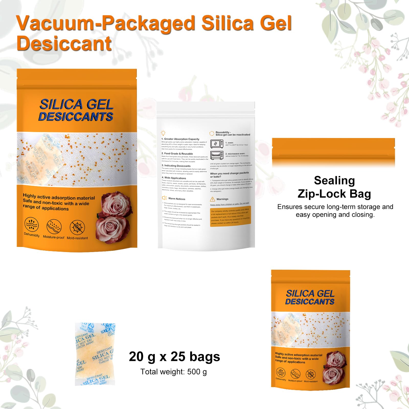 Sachet de Gel Silice Alimentaire 20g x 25 Anti Humidité Réutilisable avec Indicateur d'Humidité