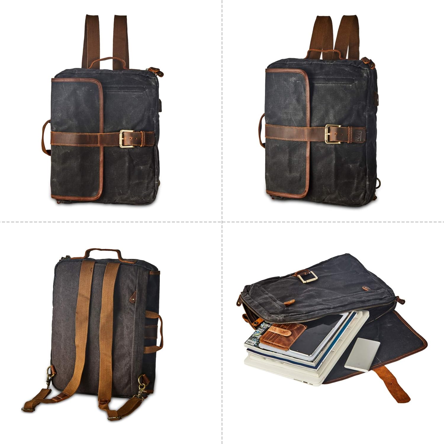Vintage Waterproof Waxed Canvas Convertible Laptop Messenger Backpack Rucksack For Men Women - Image 3