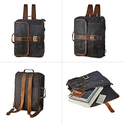 Miniatura 3 de Mochila de lona encerada para hombre Casual 15.6" Mochila para portátil, Negro Gris, Mochilas de mochila