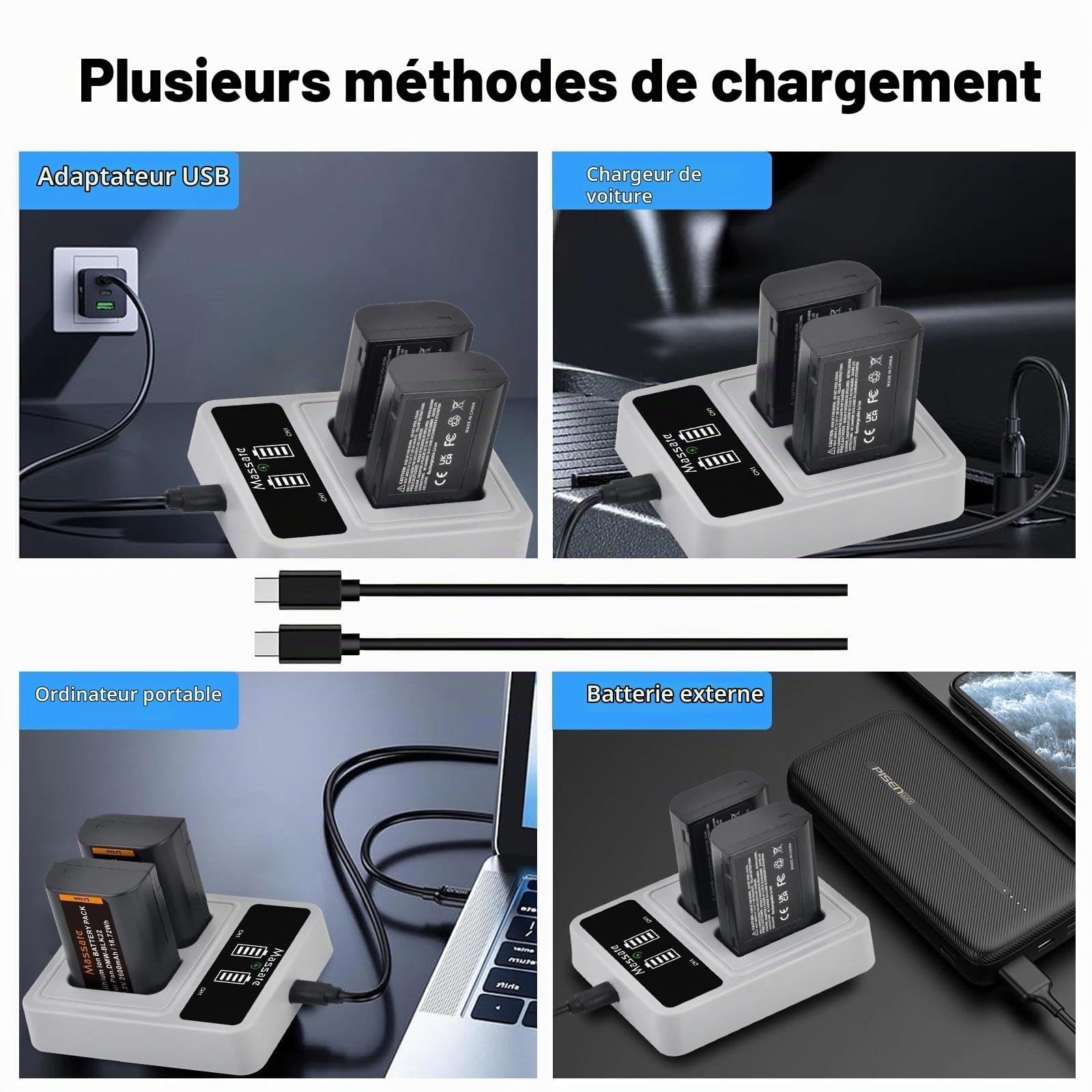 Lot de 2 batteries DMW-BLK22 2600 mAh + chargeur rapide LED PD20W - Charge complète en 2,5 heures - Batterie pour appareils photo Panasonic Lumix GH5, GH5 II, GH6, GH7, S5, S5 II, S5 IIX, S9