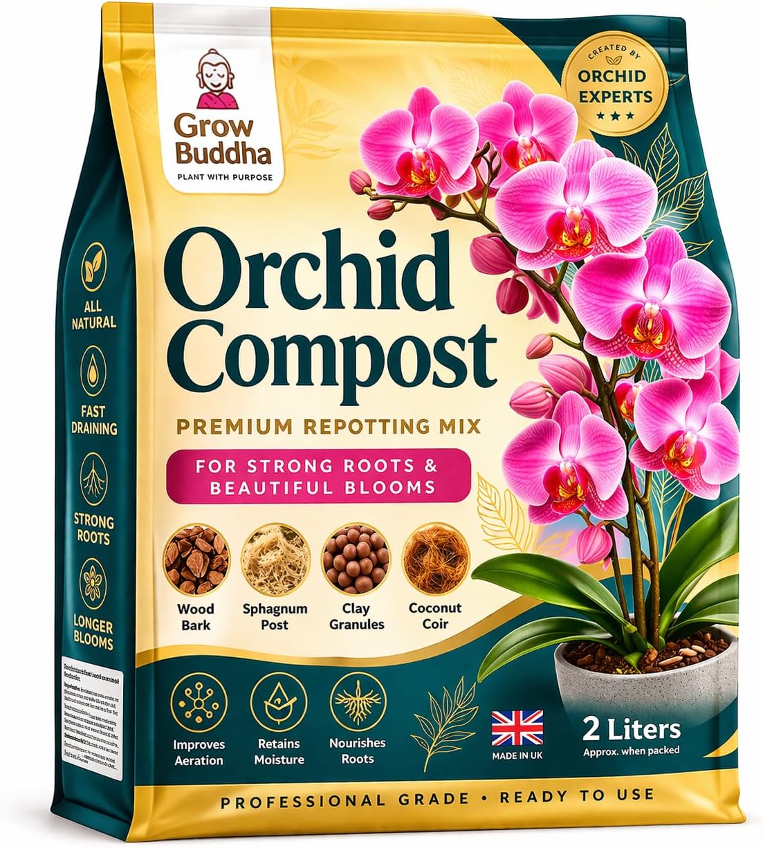 Professional Orchid Potting Mix Compost - 2 Litres | Fast Growth, Strong Root, Long-Blooming Re-Potting Mix for Beautiful Plants - Suitable for All Orchid Varieties