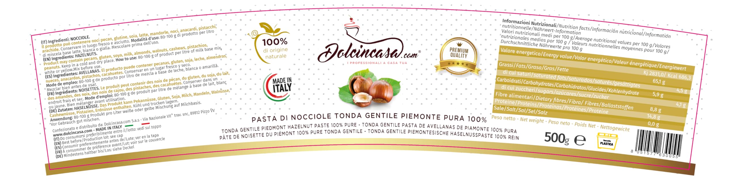 Dolcincasa-Pasta di Nocciole Piemonte IGP Nocciola Tonda Gentile delle Langhe Pura al 100% per Gelati, Creme, Panna e altri usi in Pasticceria 500g